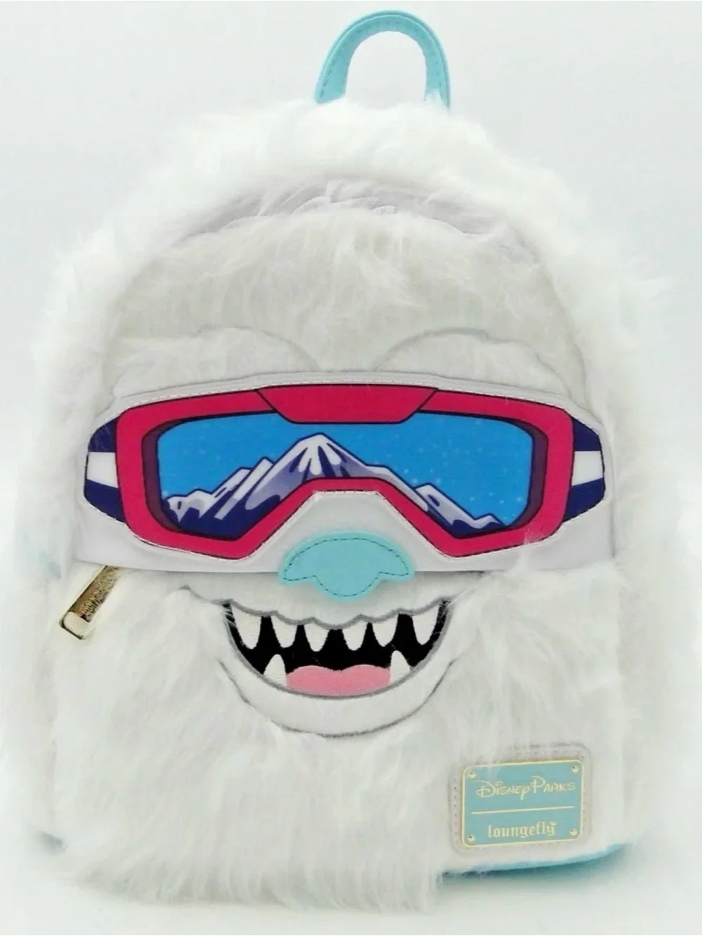 Loungefly White Fuzzy Yeti Mini Backpack with Pink & Blue Ski Goggles
